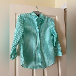 Turquoise and white striped long sleeve button down shirt